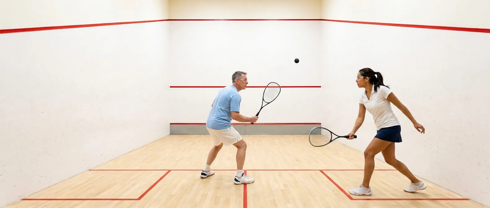 Twee spelers in een rally op een squashbaan, de bal in de lucht tussen hen in voor de voormuur