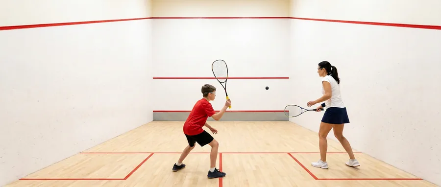 Een jonge speler met squashbril houdt het racket omhoog in de klaarstand terwijl zijn tegenstandster de bal aanspeelt