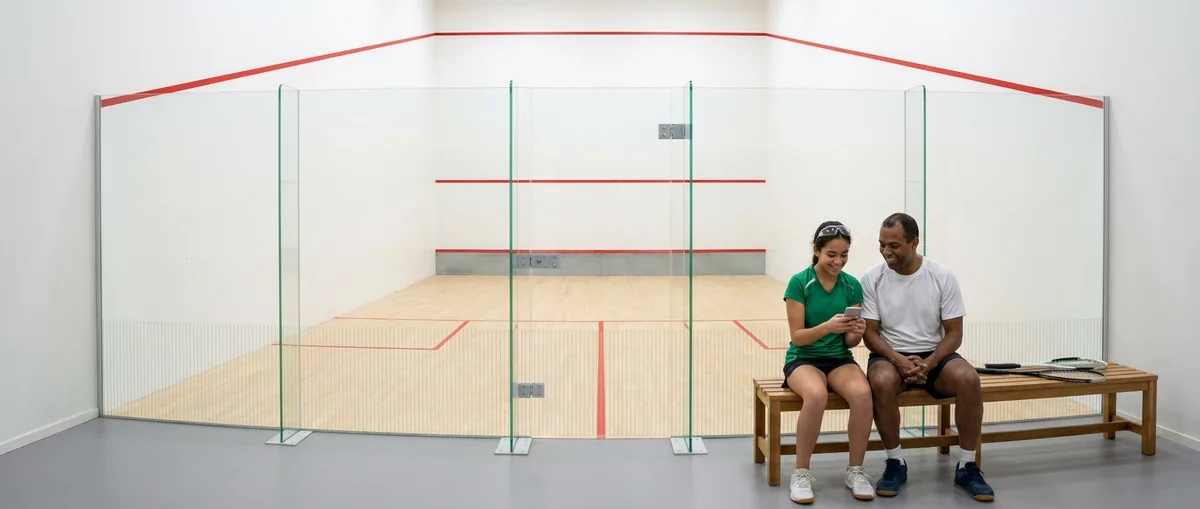 Een jonge speelster en een man zitten op de bank voor de glazen achterwand van een lege squashbaan en lezen samen iets op een telefoon, de rackets naast hen