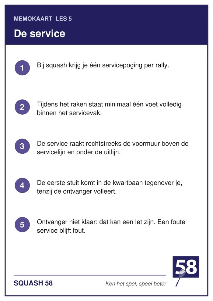 Memokaart van les 5 met de vijf punten over de service